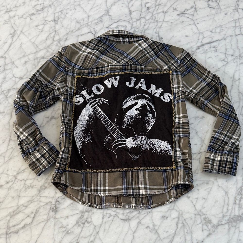 Hand Sewn Plaid Shirt Sz 5T Sloth Graphic Back Patch Slow Jams